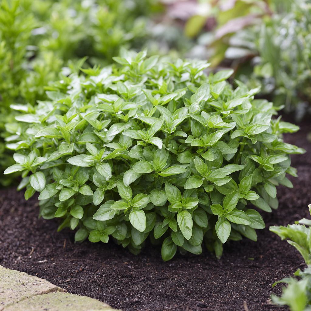 Dwarf Greek Basil herb growing in a garden